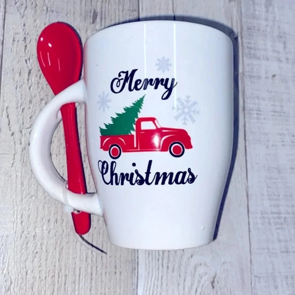Merry Christmas red truck coffee mug with spoon